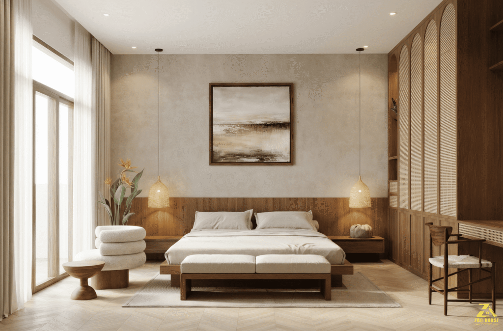 Vách ốp gỗ lửng đầu giường tôn lên vẻ đẹp bức tranh nghệ thuật