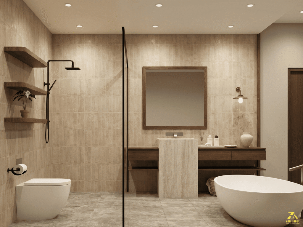 Bồn tắm nằm đặt cạnh vách kính giúp gia tăng trải nghiệm thư giãn đẳng cấp