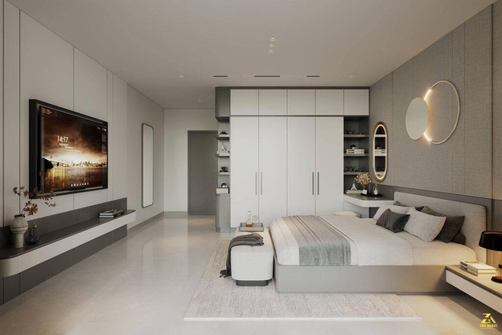 Hệ tủ quần áo kịch trần kết hợp bàn trang điểm giúp tối ưu hóa diện tích sử dụng