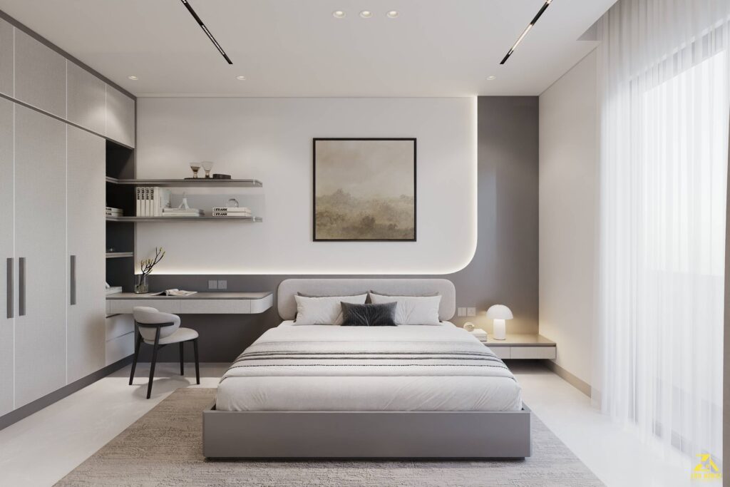Vách ốp đầu giường uốn cong mềm mại kết hợp đèn led âm tạo điểm nhấn độc đáo
