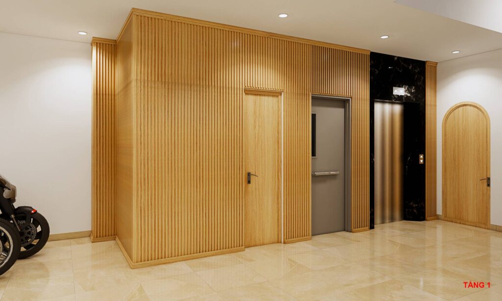 Khu vực thang máy nổi bật nhờ mảng đá marble đen huyền bí