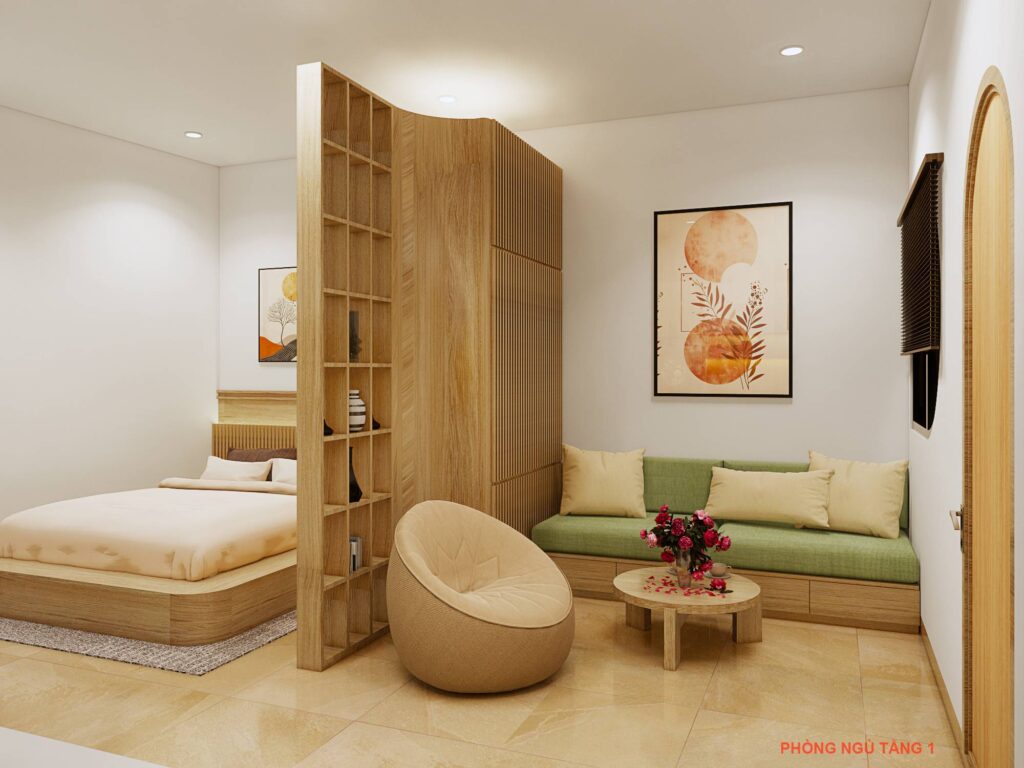 Góc tiếp khách kết hợp hài hòa giữa sofa xanh và bàn trà tròn