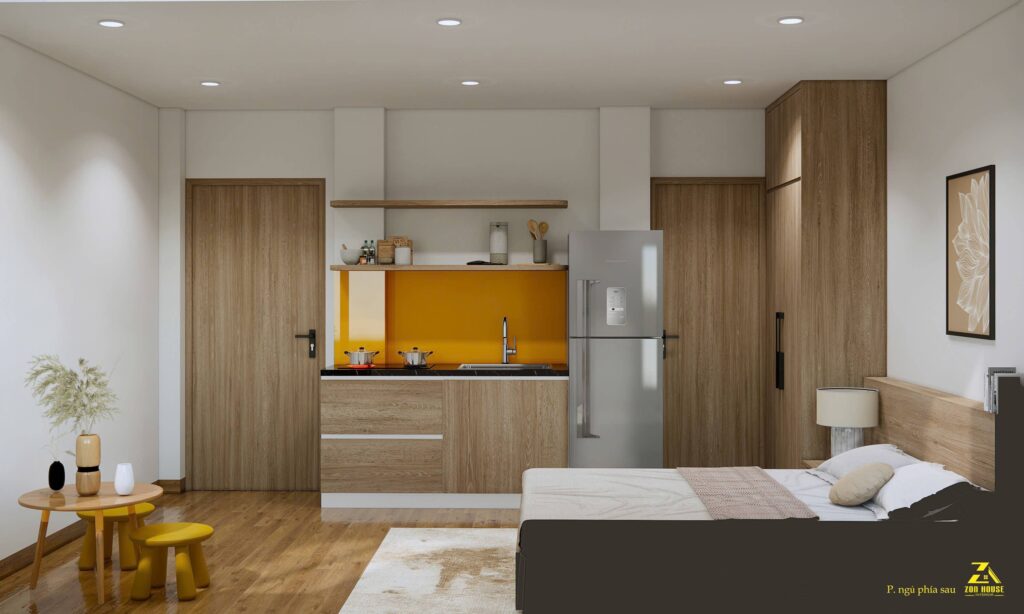 Kính ốp bếp màu cam rực rỡ tạo điểm nhấn thị giác nổi bật cho tổng thể