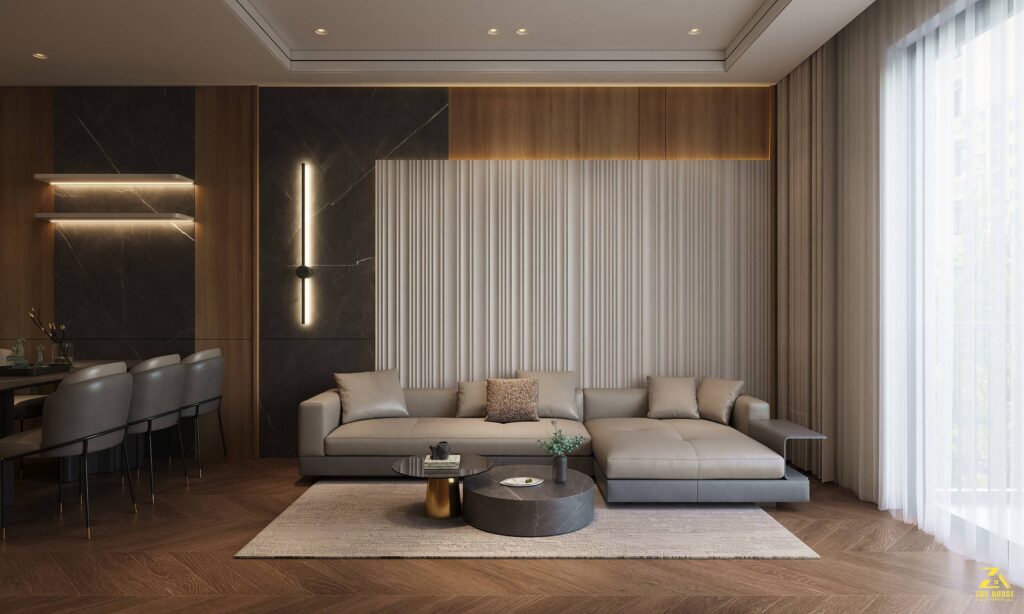 Phòng khách nổi bật với sofa da chữ L và mảng tường lam sóng