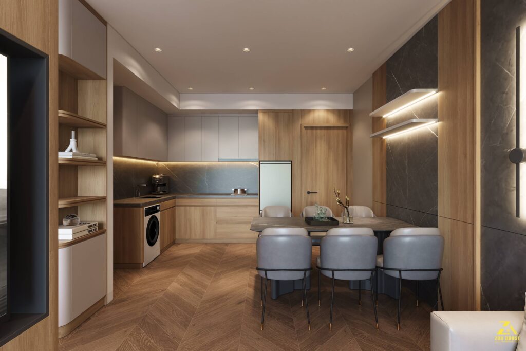 Khu vực bếp ăn gây ấn tượng nhờ hệ tủ kịch trần kết hợp gỗ và tone xám hiện đại